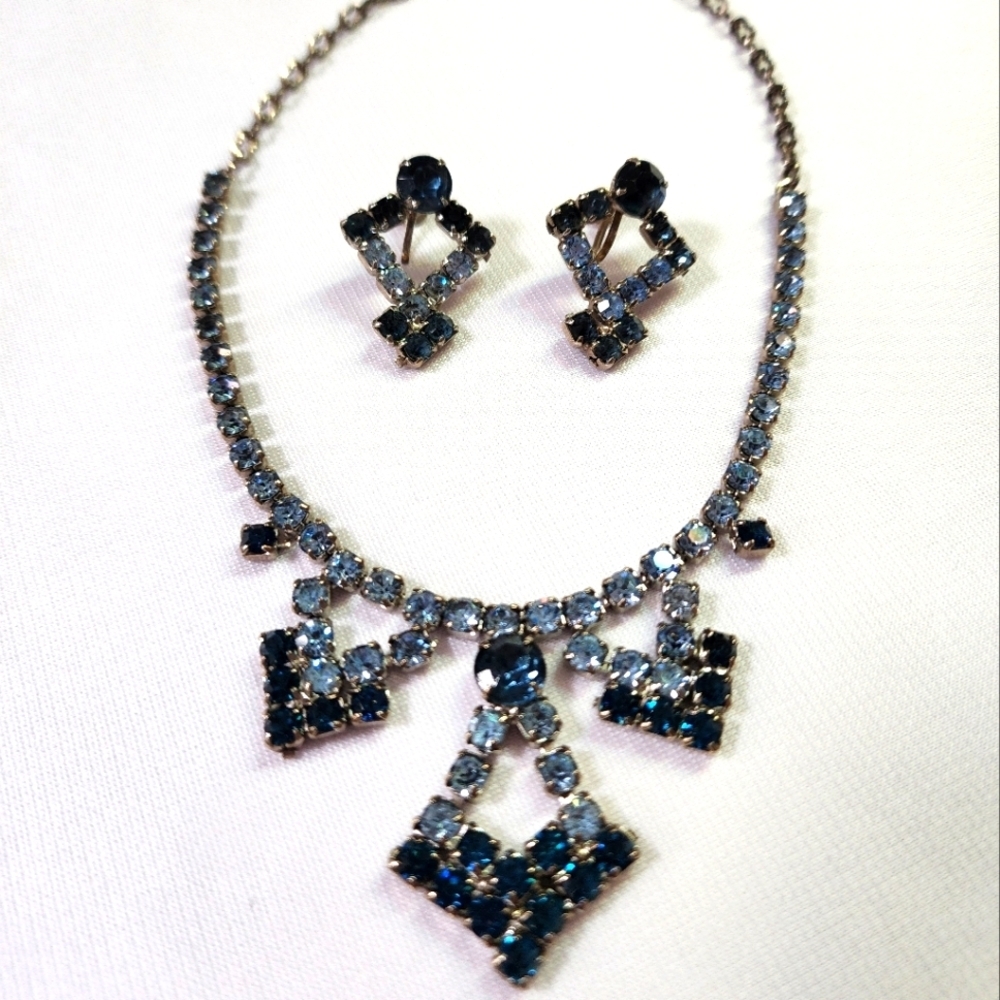 Vintage Blue Rhinestone Necklace and Earring Set